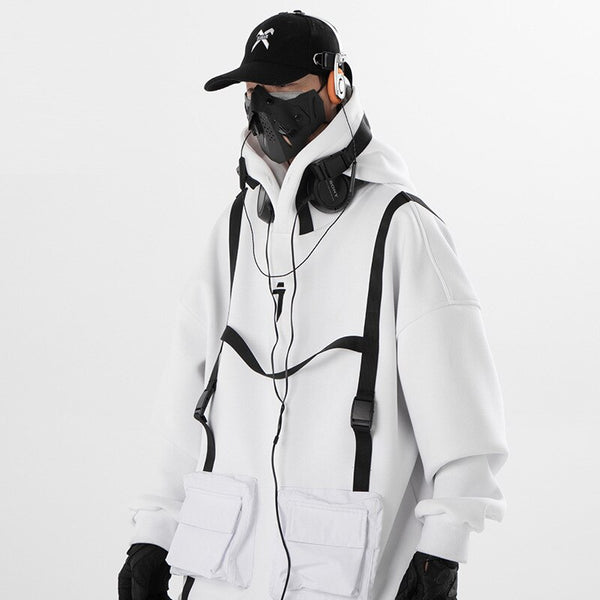 white techwear essentials hoodie with straps