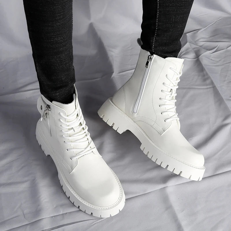 WHITE LACE-UP SIDE POCKET BOOTS
