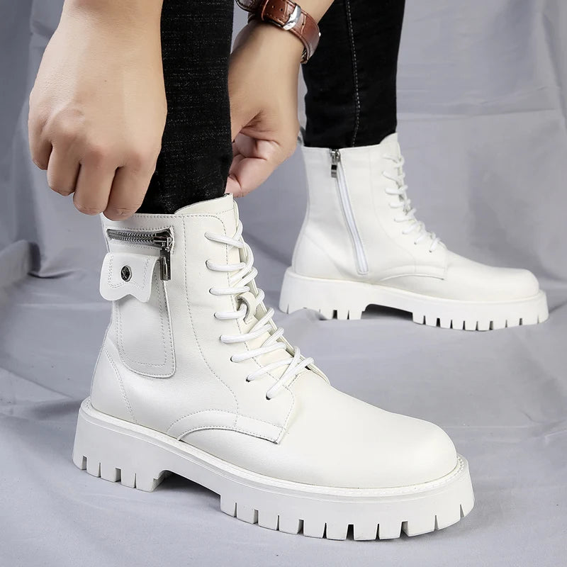 WHITE LACE-UP SIDE POCKET BOOTS