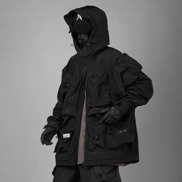Futuristic black techwear jacket