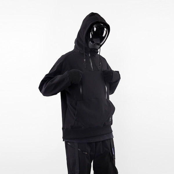 black techwear essentials hoodie with a front zipper
