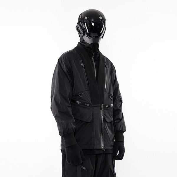 Futuristic black techwear kimono jacket with straps