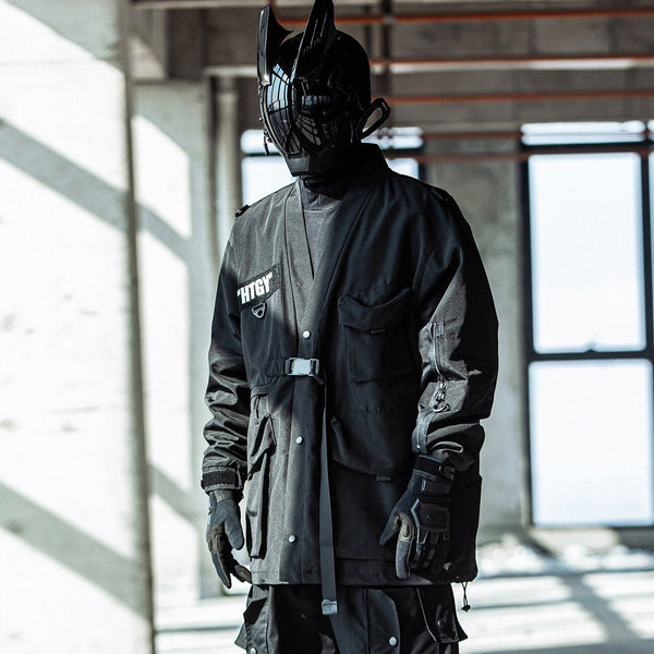 Futuristic black techwear jacket with straps